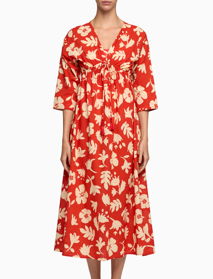 Kaftano lungo donna cotone fantasia fiori su fondo rosso - Gallo 1927 - Official Online Shop