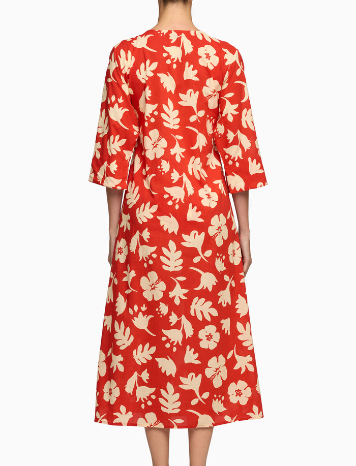 Kaftano lungo donna cotone fantasia fiori su fondo rosso - Gallo 1927 - Official Online Shop