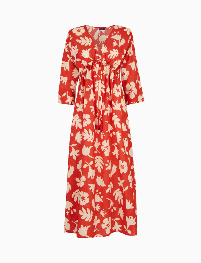 Kaftano lungo donna cotone fantasia fiori su fondo rosso - Gallo 1927 - Official Online Shop