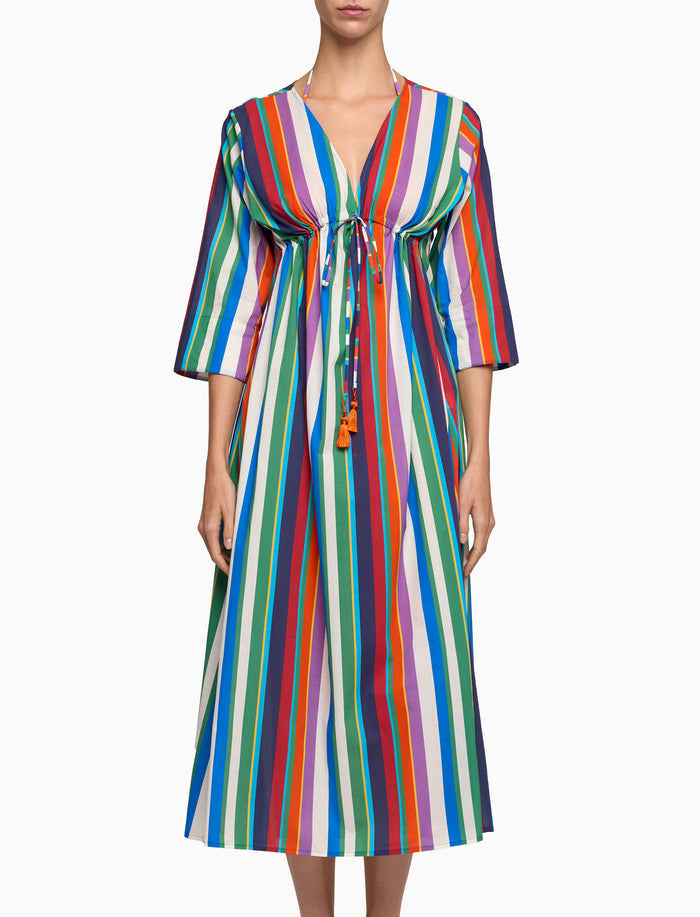 Kaftano lungo donna cotone righe multicolor verticali bianco - Gallo 1927 - Official Online Shop