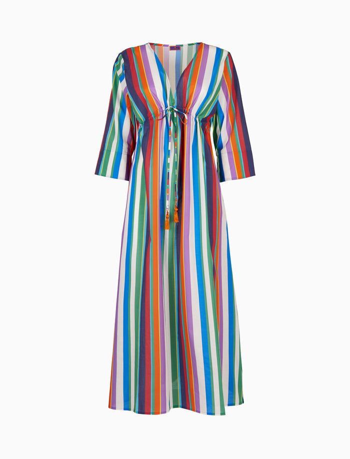 Kaftano lungo donna cotone righe multicolor verticali bianco - Gallo 1927 - Official Online Shop