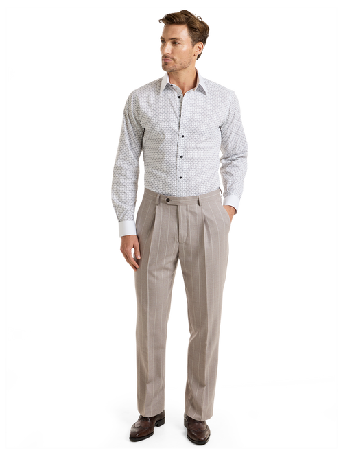 "Kingston Pinstripe" Wool Single Pleat Suit Pants - Taupe