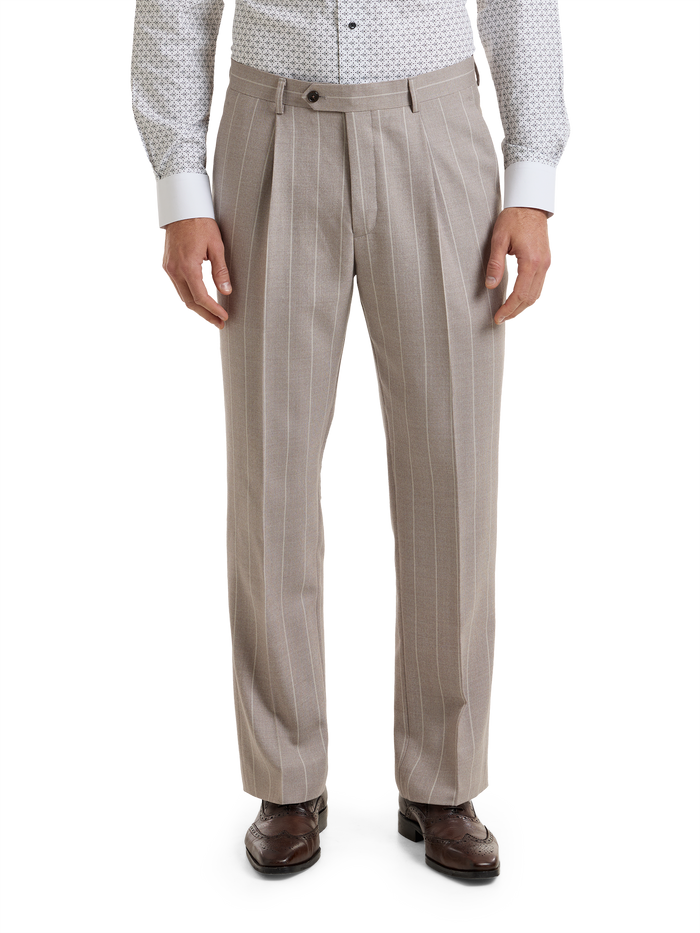 "Kingston Pinstripe" Wool Single Pleat Suit Pants - Taupe