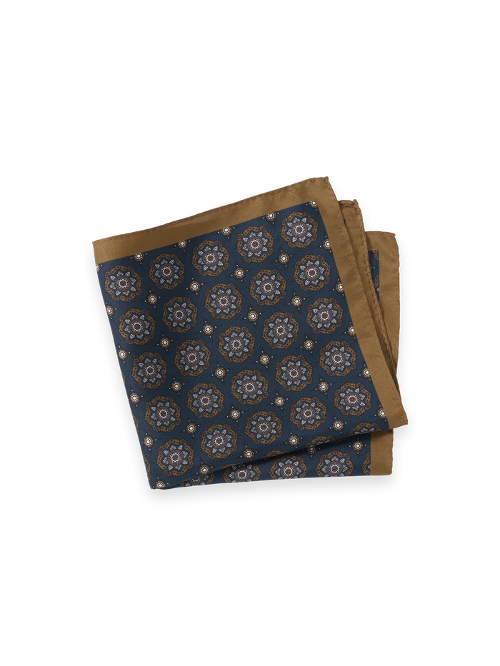 Medallion Silk Pocket Square - Blue/tan