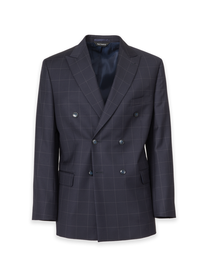 Product Image of Navy Wool Windowpane Double Breasted Peak Lapel Suit Jacket-Navy