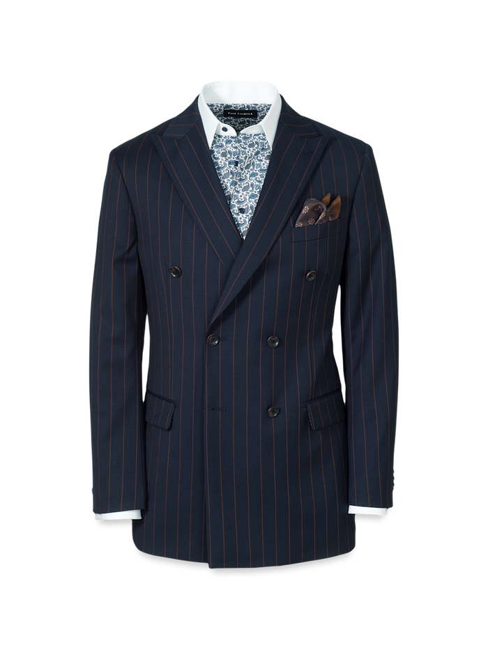 Product Image of Navy/brown Wool Stripe Double Breasted Peak Lapel Suit Jacket-Navy/Brown