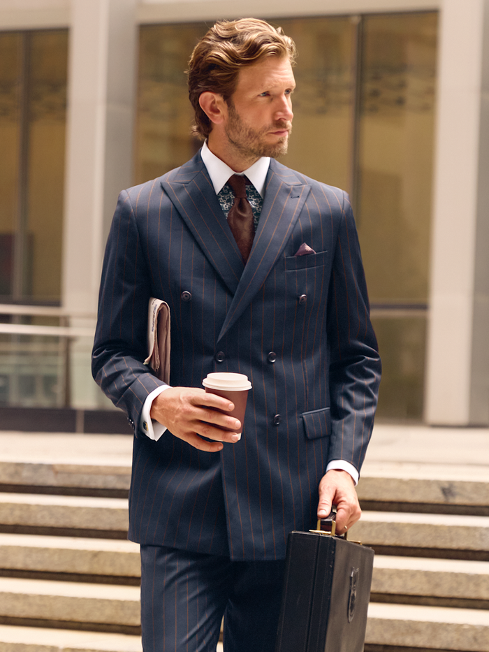 Alternate Image of Navy/brown Wool Stripe Double Breasted Peak Lapel Suit Jacket-7