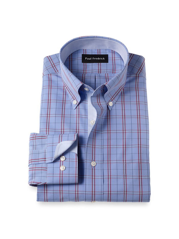 Product Image of Non-iron Cotton Check Dress Shirt With Contrast Trim-Blue