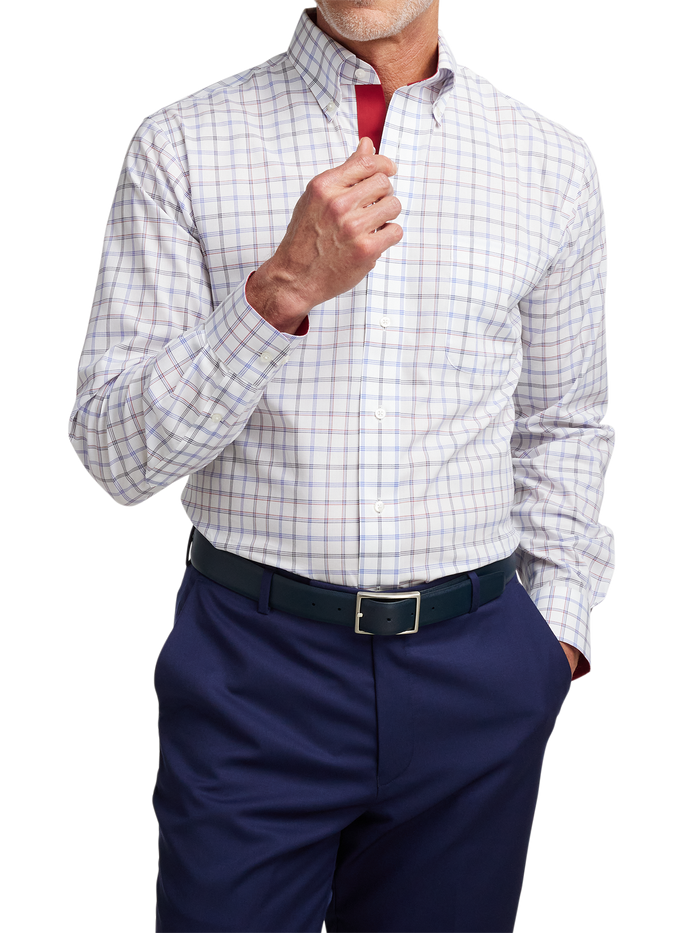 Non-Iron Cotton Check Dress Shirt With Contrast Trim - Blue/red