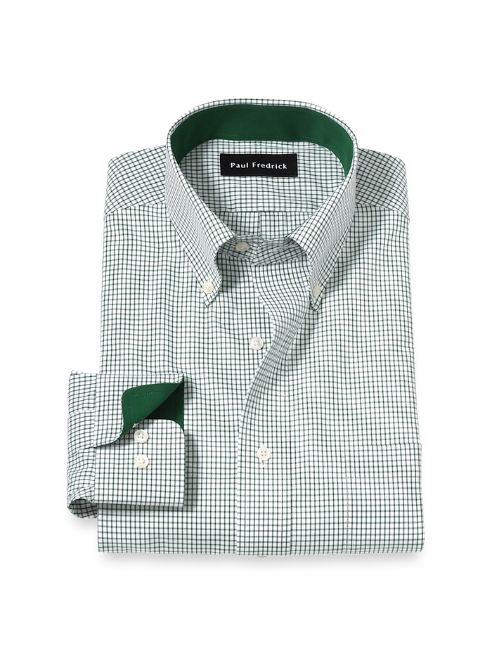 Product Image of Non-iron Cotton Check Dress Shirt With Contrast Trim-Green/White