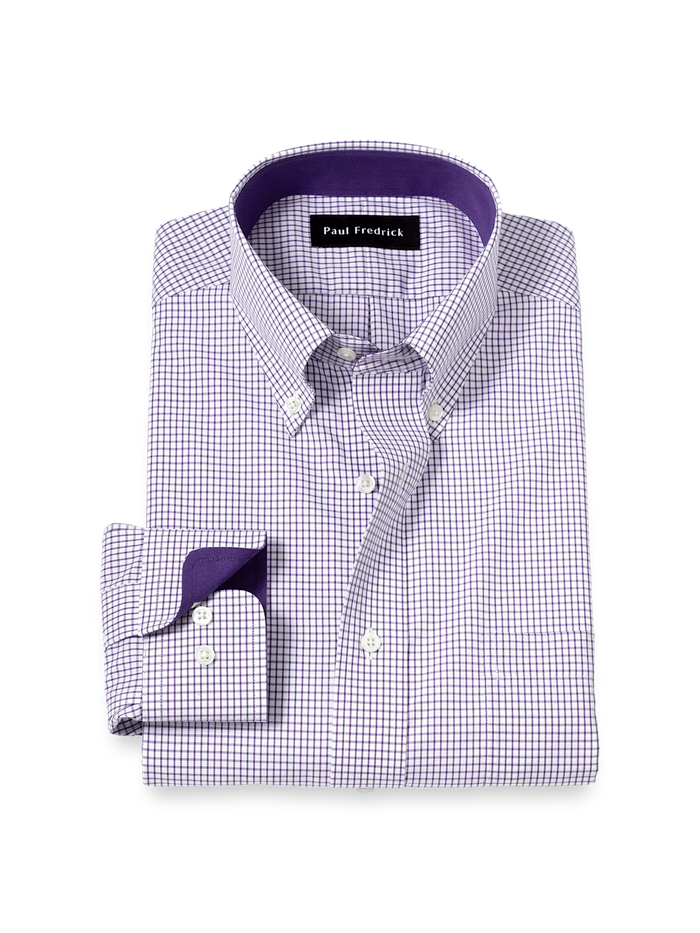 Product Image of Non-iron Cotton Check Dress Shirt With Contrast Trim-Purple/White