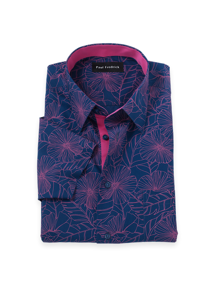 Product Image of Non-iron Cotton Floral Dress Shirt With Contrast Trim-Navy/Pink