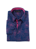 Product Image of Non-iron Cotton Floral Dress Shirt With Contrast Trim-Navy/Pink