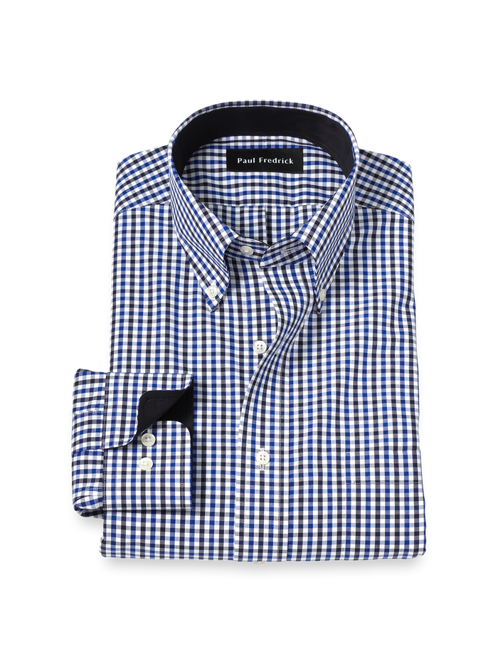 Product Image of Non-iron Cotton Gingham Dress Shirt With Contrast Trim-Blue/Black