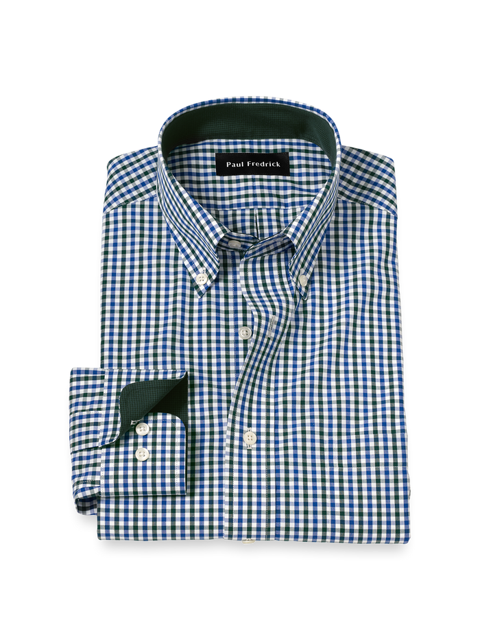 Product Image of Non-iron Cotton Gingham Dress Shirt With Contrast Trim-Blue/Green