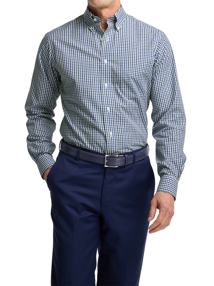 Non-Iron Cotton Gingham Dress Shirt With Contrast Trim - Blue/green