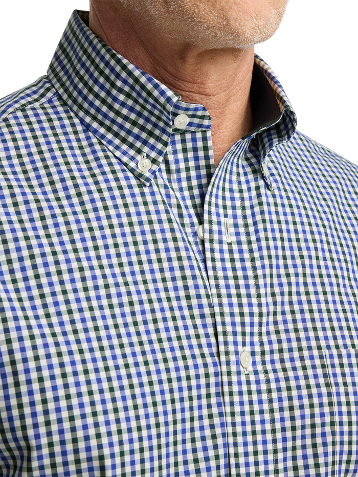 Non-Iron Cotton Gingham Dress Shirt With Contrast Trim - Blue/green