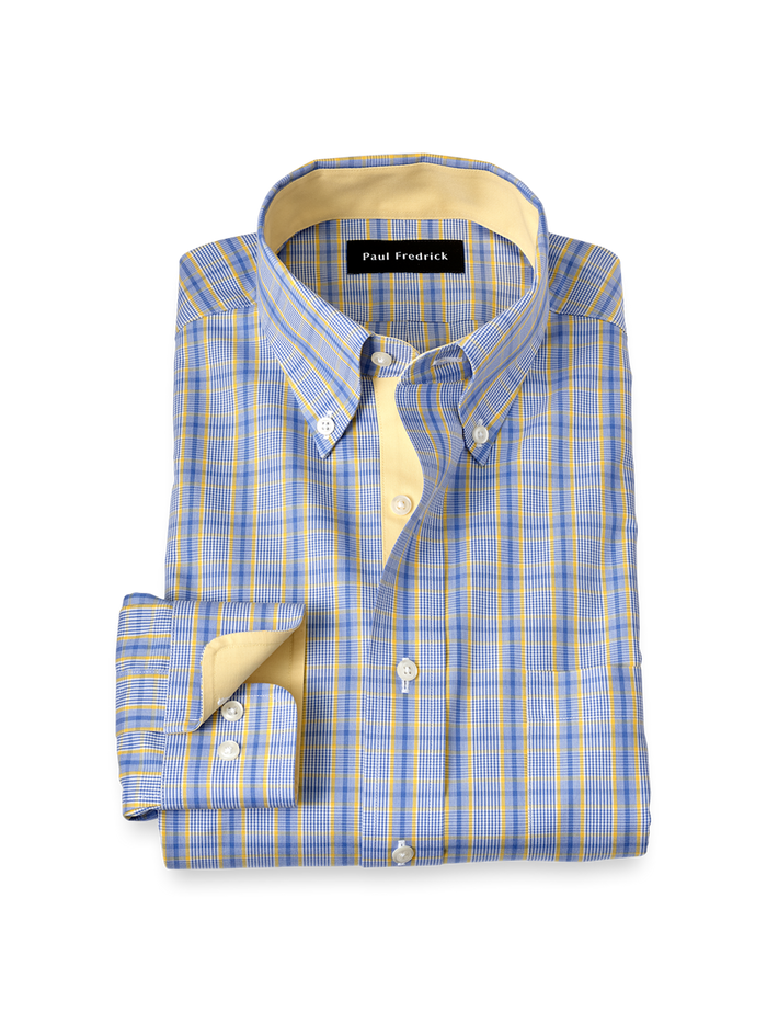 Product Image of Non-iron Cotton Glen Plaid Dress Shirt With Contrast Trim-Blue/Yellow