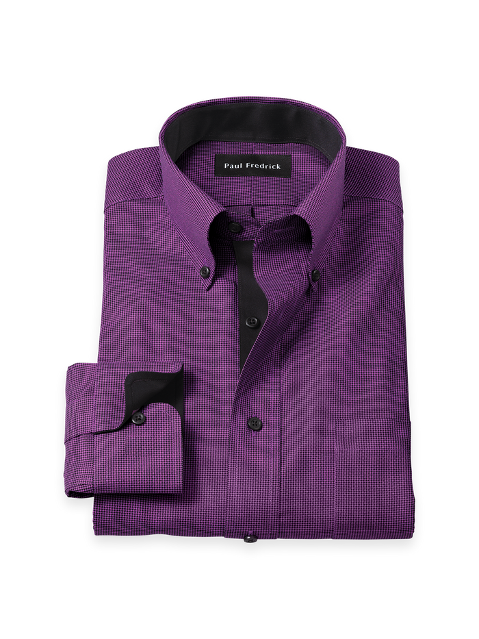 Non-Iron Cotton Houndstooth Dress Shirt With Contrast Trim - Black/purple