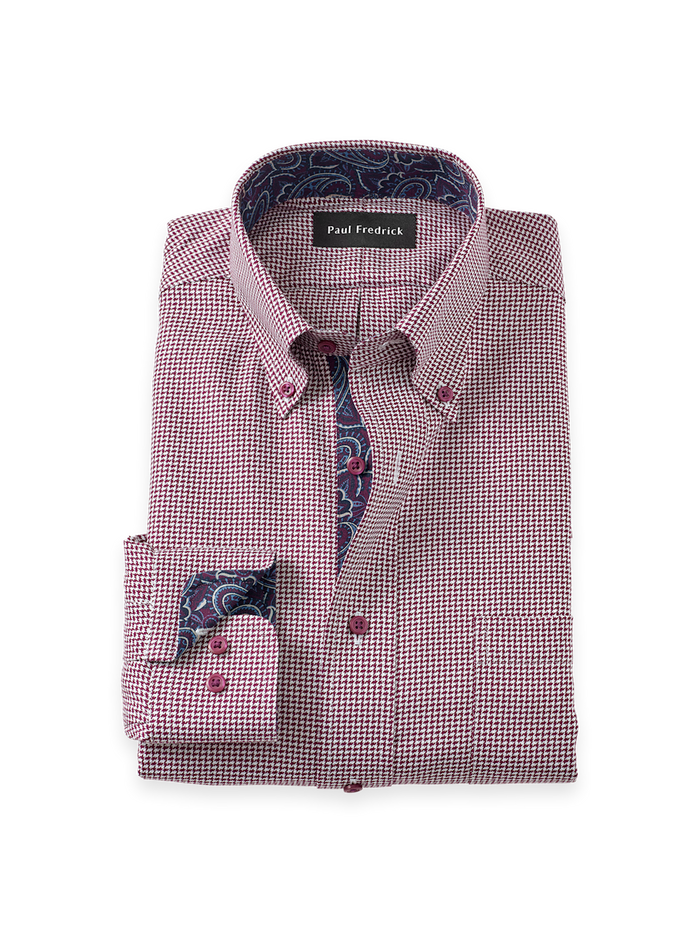 Product Image of Non-iron Cotton Houndstooth Dress Shirt With Contrast Trim-Burgundy