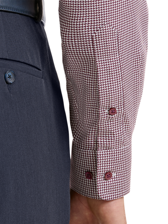 Non-Iron Cotton Houndstooth Dress Shirt With Contrast Trim - Burgundy