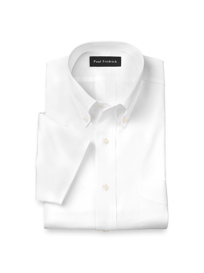 Product Image of Non-iron Cotton Pinpoint Solid Button Down Collar Short Sleeve Dress Shirt-White
