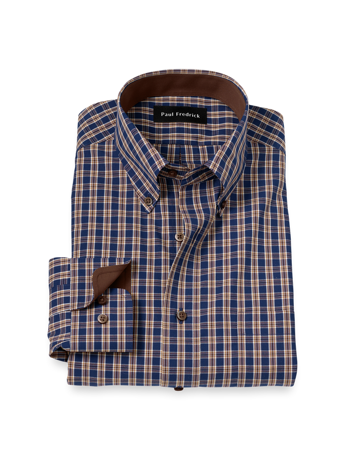 Product Image of Non-iron Cotton Plaid Dress Shirt With Contrast Trim-Blue/Brown