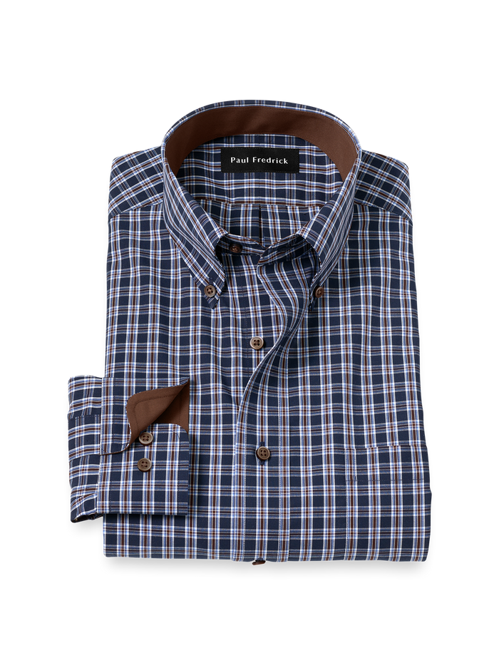 Product Image of Non-iron Cotton Plaid Dress Shirt With Contrast Trim-Navy/Brown