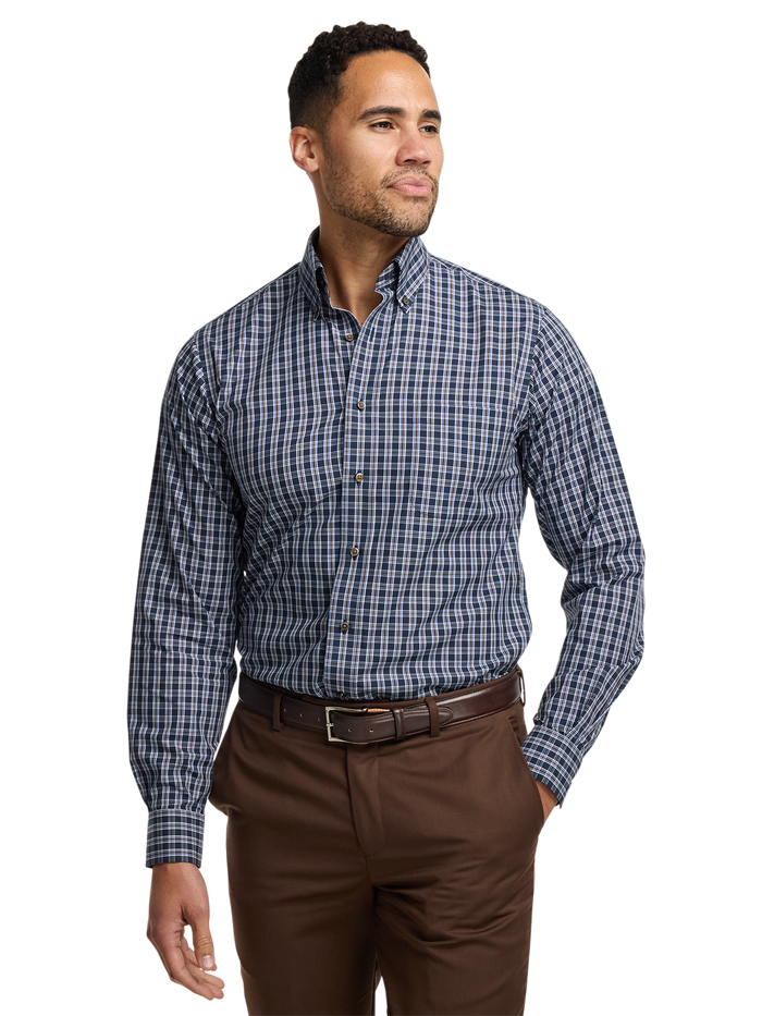Non-Iron Cotton Plaid Dress Shirt With Contrast Trim - Navy/brown