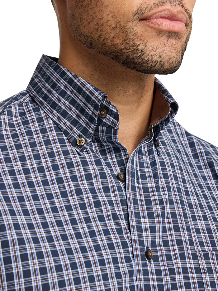 Non-Iron Cotton Plaid Dress Shirt With Contrast Trim - Navy/brown