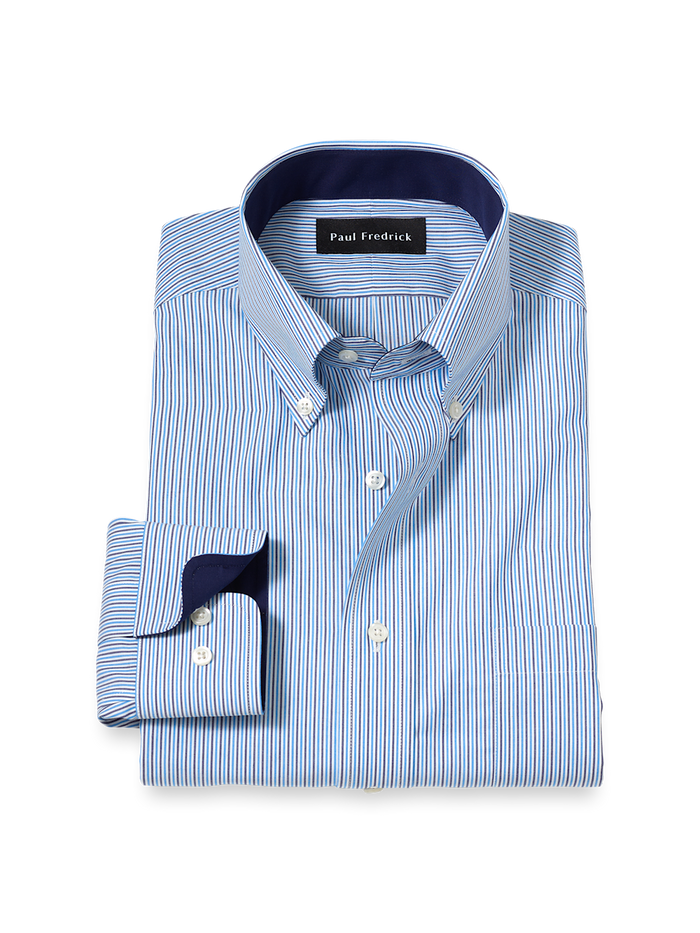 Product Image of Non-iron Cotton Stripe Dress Shirt With Contrast Trim-Blue