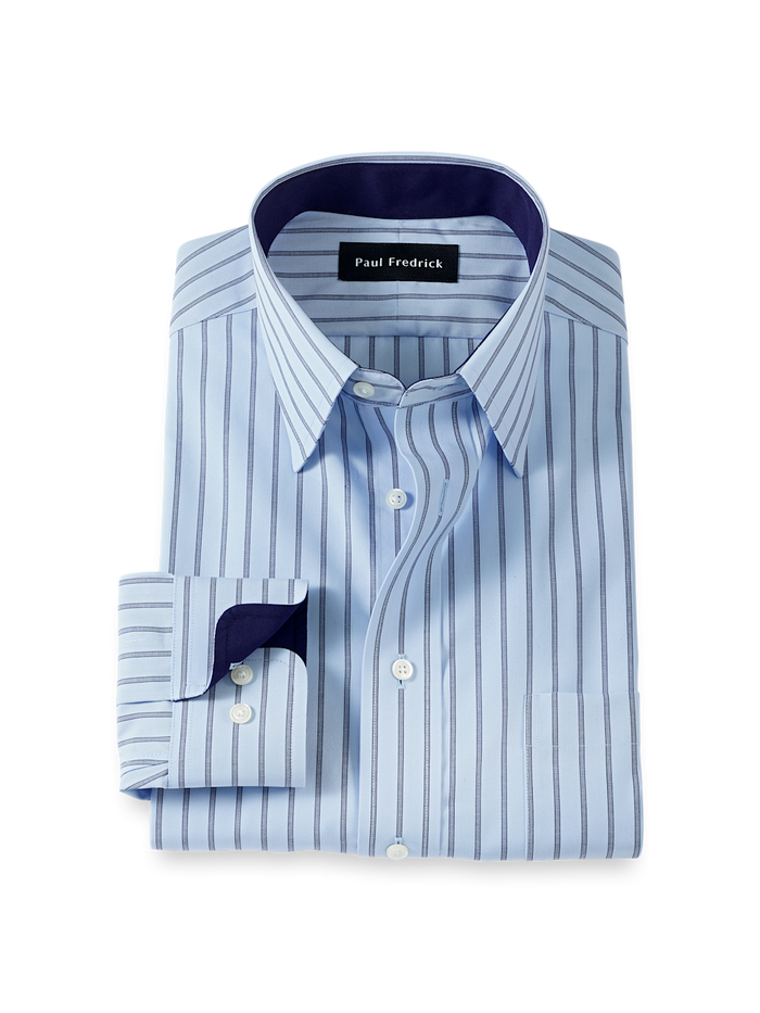 Product Image of Non-iron Cotton Stripe Dress Shirt With Contrast Trim-Blue