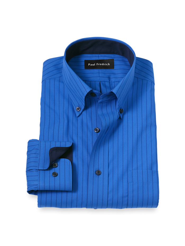 Product Image of Non-iron Cotton Stripe Dress Shirt With Contrast Trim-Blue