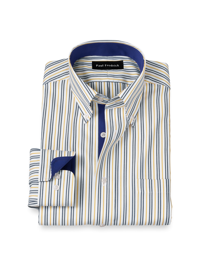 Non-Iron Cotton Stripe Dress Shirt With Contrast Trim - Blue/gold