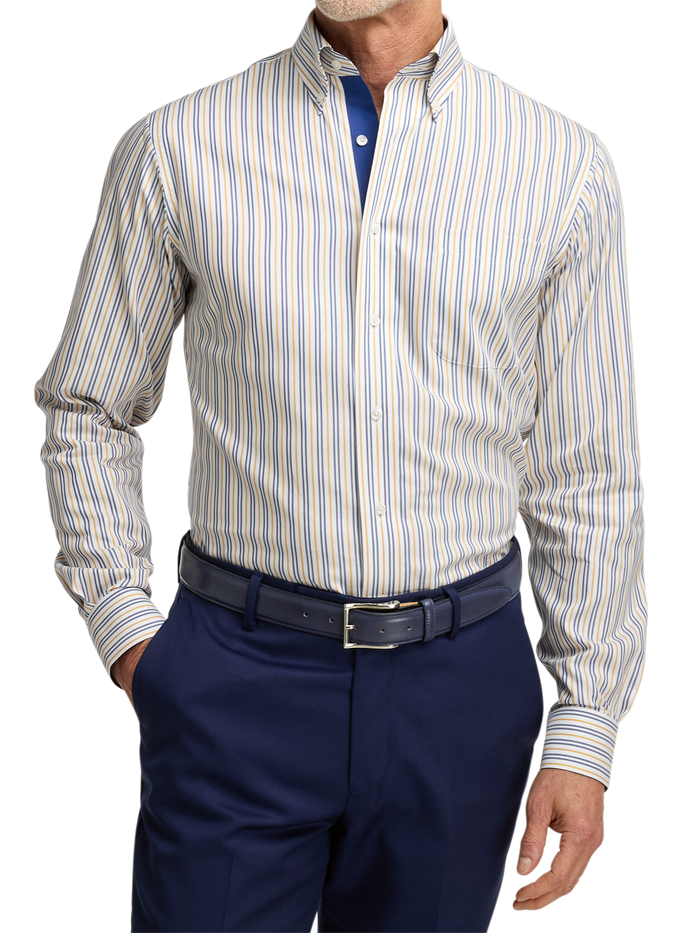 Non-Iron Cotton Stripe Dress Shirt With Contrast Trim - Blue/gold