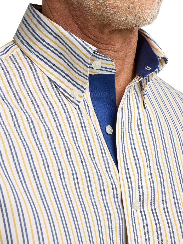 Non-Iron Cotton Stripe Dress Shirt With Contrast Trim - Blue/gold