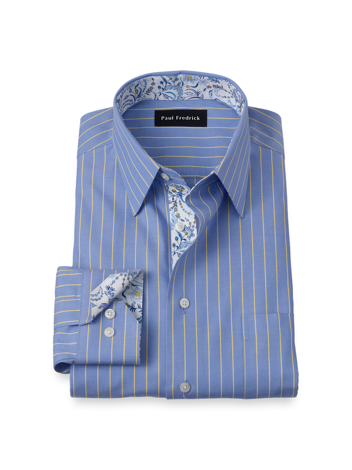 Product Image of Non-iron Cotton Stripe Dress Shirt With Contrast Trim-Blue/Yellow