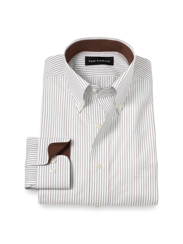 Product Image of Non-iron Cotton Stripe Dress Shirt With Contrast Trim-Brown