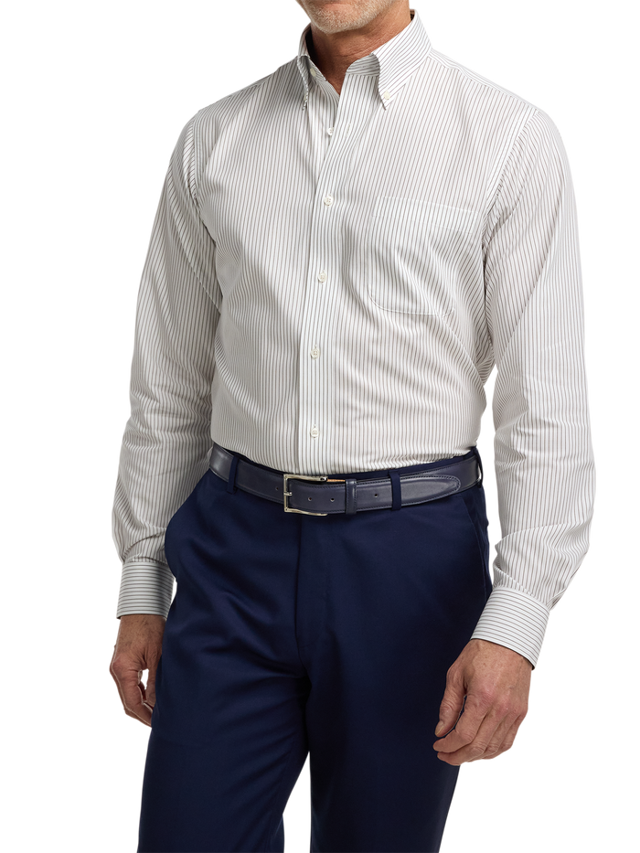 Non-Iron Cotton Stripe Dress Shirt With Contrast Trim - Brown