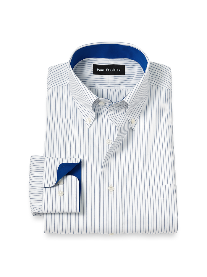 Product Image of Non-iron Cotton Stripe Dress Shirt With Contrast Trim-Cobalt