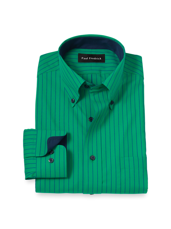 Product Image of Non-iron Cotton Stripe Dress Shirt With Contrast Trim-Green