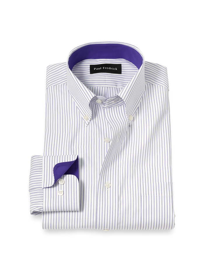 Product Image of Non-iron Cotton Stripe Dress Shirt With Contrast Trim-Purple
