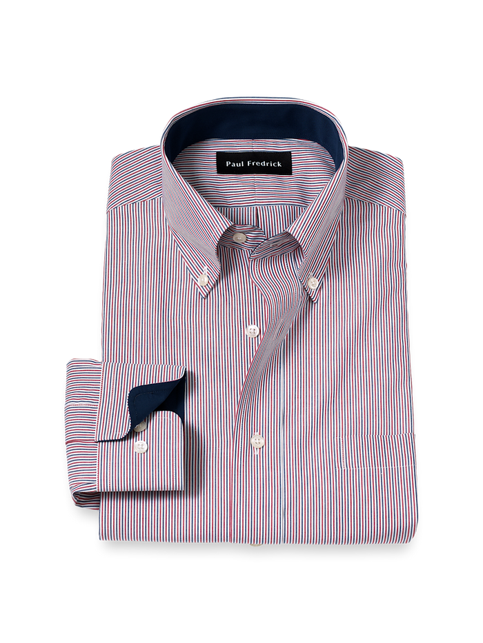 Product Image of Non-iron Cotton Stripe Dress Shirt With Contrast Trim-Red