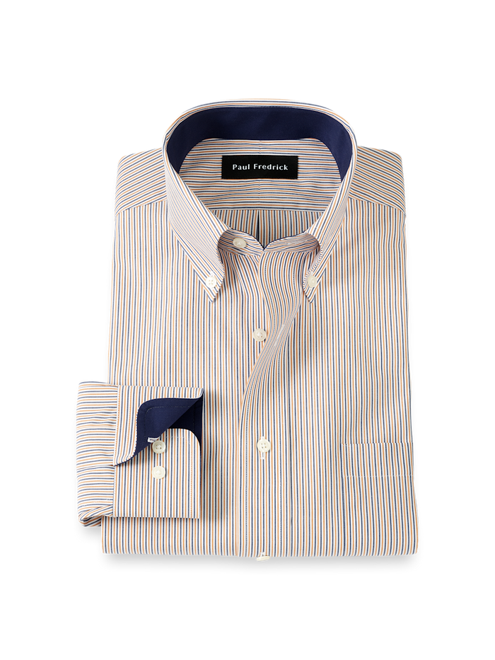 Product Image of Non-iron Cotton Stripe Dress Shirt With Contrast Trim-Tan