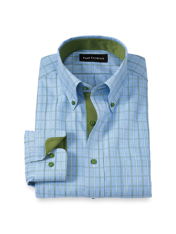 Non-Iron Cotton Windowpane Dress Shirt With Contrast Trim - Blue