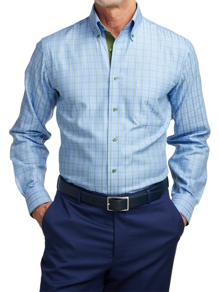 Non-Iron Cotton Windowpane Dress Shirt With Contrast Trim - Blue
