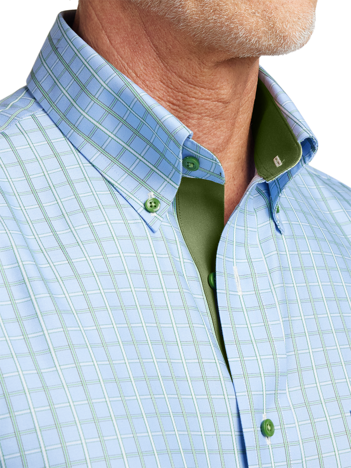 Non-Iron Cotton Windowpane Dress Shirt With Contrast Trim - Blue