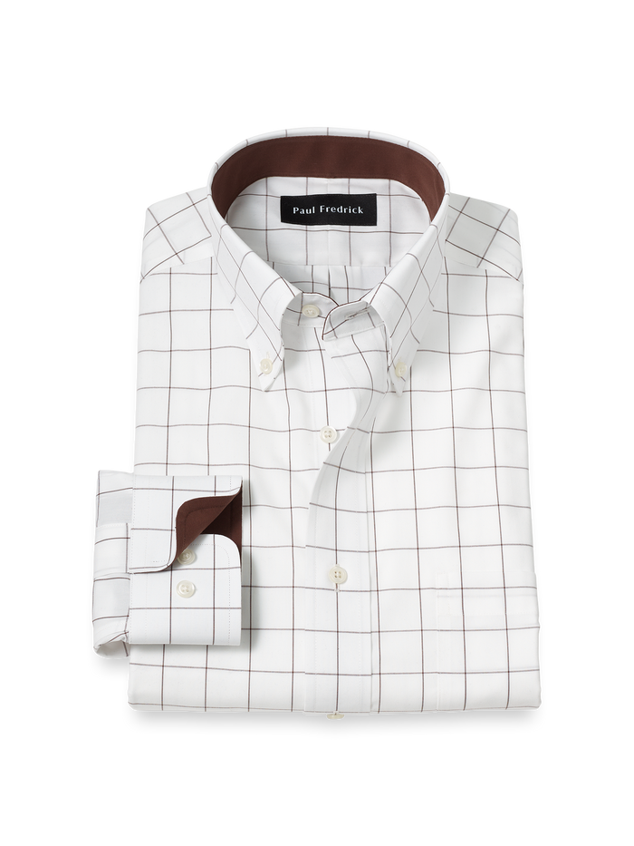 Product Image of Non-iron Cotton Windowpane Dress Shirt With Contrast Trim-Brown