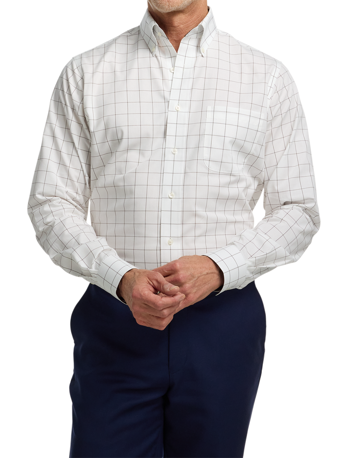 Non-Iron Cotton Windowpane Dress Shirt With Contrast Trim - Brown