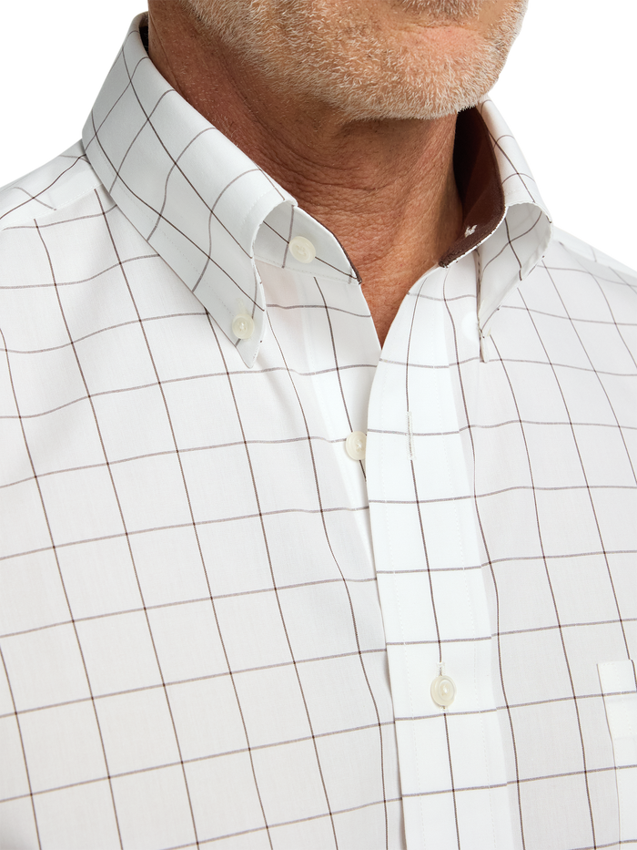 Non-Iron Cotton Windowpane Dress Shirt With Contrast Trim - Brown